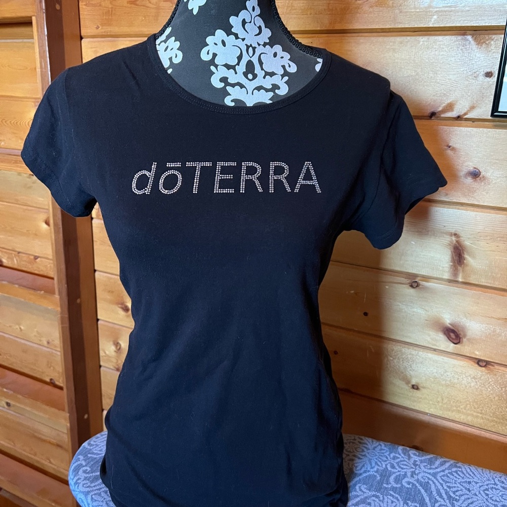 doTERRA Black Fitted Crew Neck T-Shirt with bling. Women’s size medium.